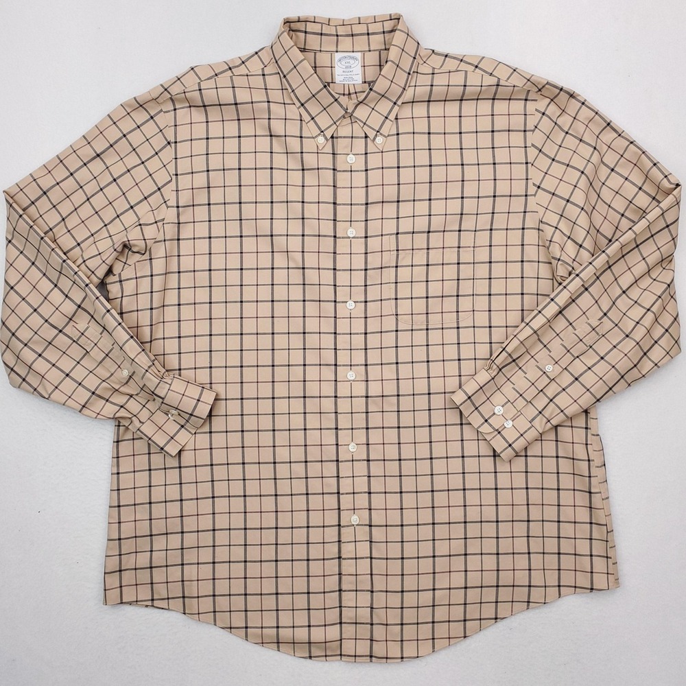 Brooks Brothers Shirt Men 2XL Tan Brown Check Regent Non Iron Button Down Pocket